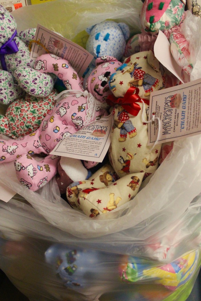 A bag of Shirley's bears waiting to go to the hospital.