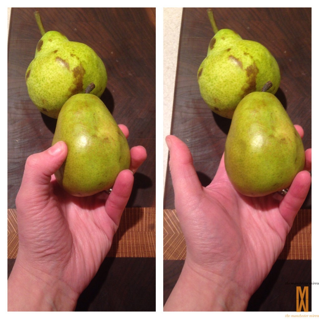 Start with two ripe pears. No matter how ripe you guess, think, or hope they are, they're not their best til pressing gently with your thumb leaves a slight indentation. The beauty of this recipe is that baking can rescue a prematurely tasted fruit.