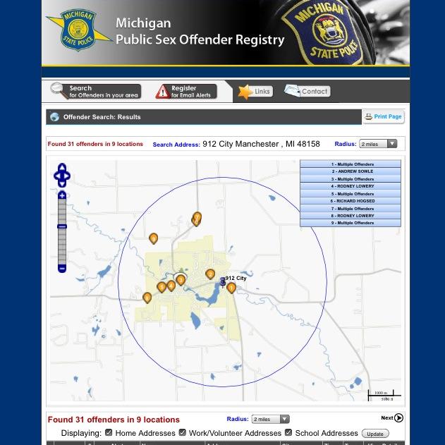 A map produced by the Michigan State Police Sex Offender Registry. 
