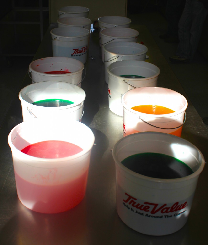 The dye is prepared in pails before hand.
