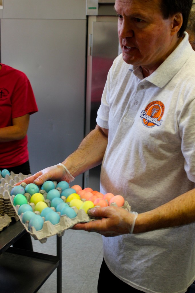 Colored eggs are packaged.