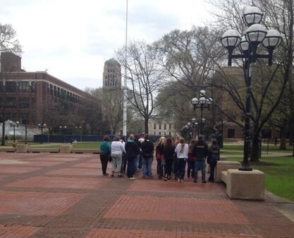 Students walked through the diag during the walking tour of campus.  Do you think anybody stepped on the block "M"?