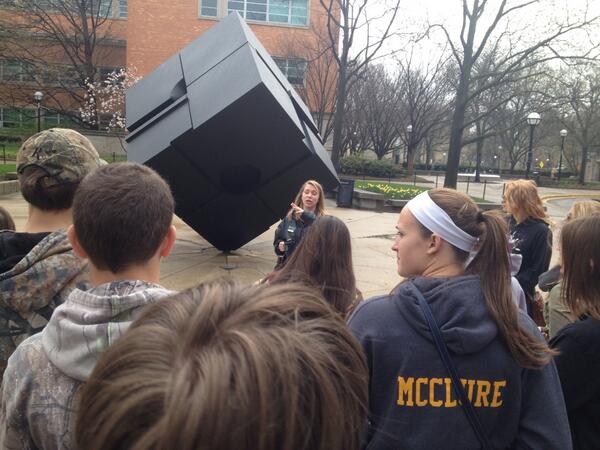 As part of the tour through campus, there was a stop at the cube.  Who doesn't love to spin the cube?  (Photo courtesy of Kevin Mowrer.)