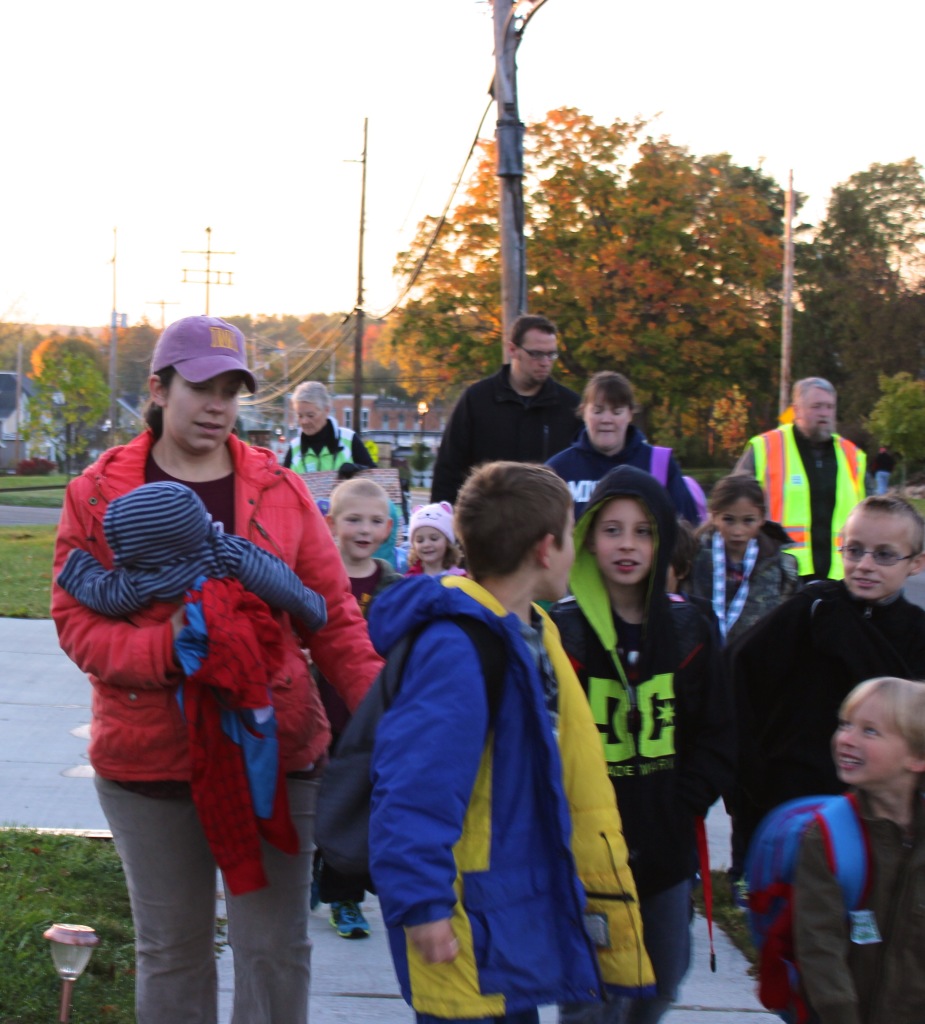 Elementary kids walking from Chi-Bro park to Klager Elementary as part of National Walk-to-School Day. 
