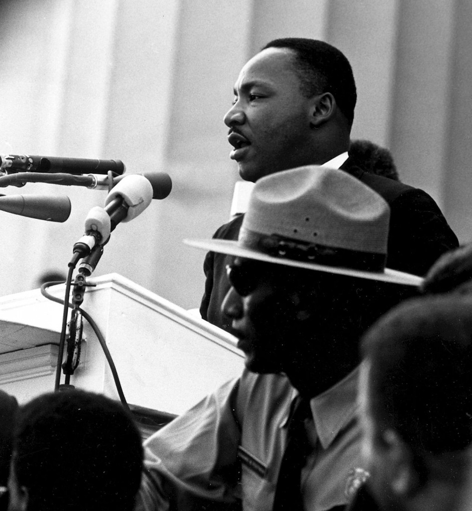 Martin Luther King, Jr., at the podium on the steps of the Lincoln Memorial in August 1963.