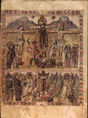 One of the earliest known depictions of the crucifixion and resurrection of Jesus (Rabbula Gospel illuminated manuscript, 6th century)