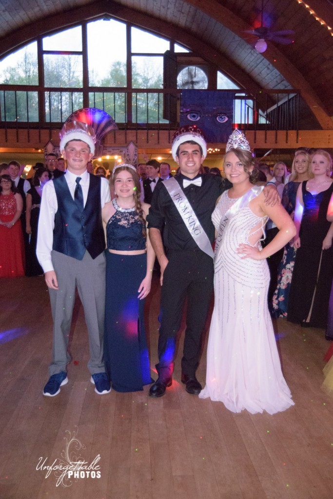 Prom King and Queen (at right) Tyler Grow and Rachel Beagle, with Prince and Princess Matthew McGee and Victoria St.Charles. Photo courtesy of Unforgettable Photos, Manchester. 