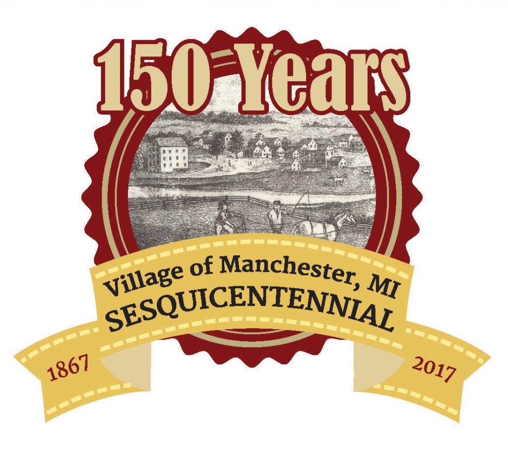 The official logo for Manchester's sesquicentennial was designed by Sue from Moxie Graphix. It incorporates the oldest known image of Manchester which is an 1854 sketch from atop of Ann Arbor Hill. 