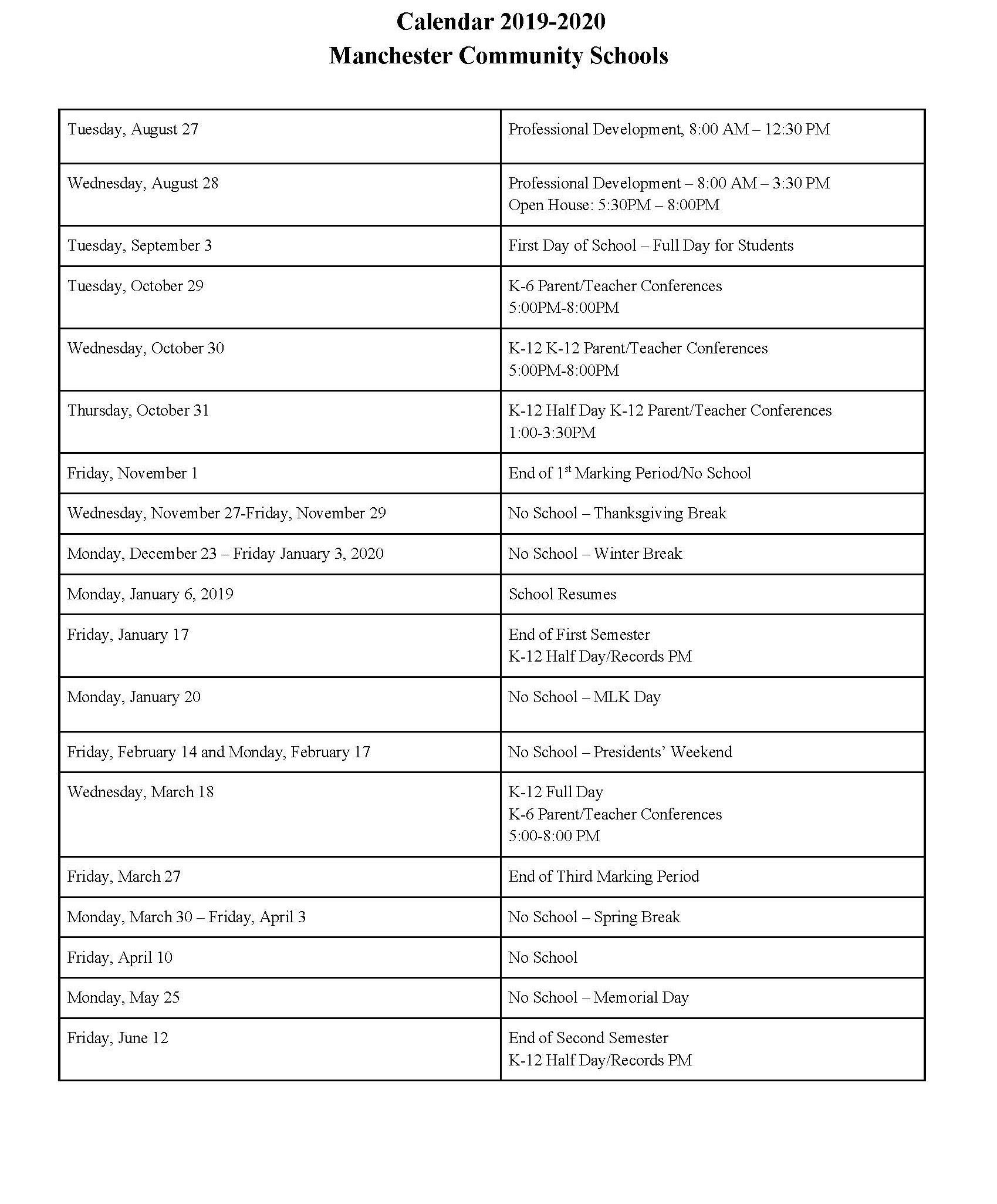 School board approves MCS 20192020 calendar The Manchester Mirror